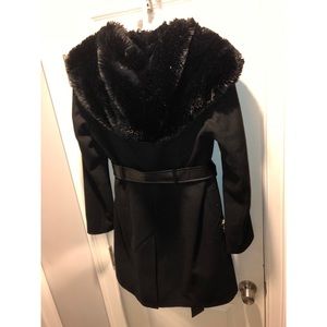Black Wool/Fur Lined Hood Womens Coat